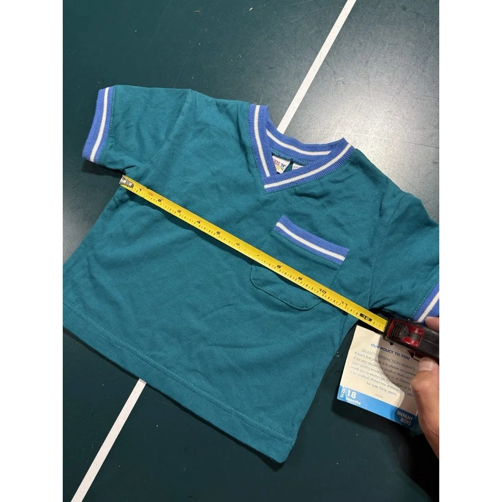 VTG 90s Striped Pocket T Shirt Size 18 Month Toddler Green Blue Deadstock NOS